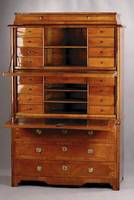 Prunkschranksekretär, Schweiz, um 1780/ 1810, Korpus Weichholz, 2-teilig, Unterteil 3-schübig, Kirschbaumfurnier, doppelt bzw.4- fach gespiegelt, ...