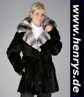 Bisamlongjacke mit Chinchillakragen, Gr. ca. 40/42, schwarze, geschorene Felle, Innenlabel Exklusive Pelzmode Atelier Zara, breiter ...