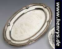 Ovale Platte, Frankreich, Paris, Silber, Punze verschlagen, Barockstil, Perlleisten- verzierung, abstr. verziert, ca. 45 x 30 cm, verbeult, ca. 1280 ...