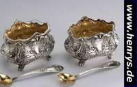 6 Salzschälchen mit Löffeln, 950er Silber, Frankreich um 1900, Orig.-Glaseinsätze, Meistermarke Murat, in Orig-Schatulle, sehr selten