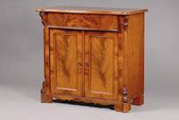 Halbschrank, norddeutsch, um 1840/50, Korpus Weichholz, Pyramidenmahagoni gespiegelt verlegt bzw. Lisenen und Umrandung z.T. Mahagoni quer verlegt, ...