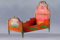 Bett, Elsaß, um 1800/20, Korpus Weichholz, schöner Aufstecker, bunte Orig.-fassung, Rest.notwendig, sehr gr. Orig.-bett aus der Zeit, selten, ca. ...