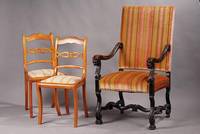 Stuhlsessel, deutsch, um 1880, Gestell, Wangen massiv Nussbaum, vielfach geschweift, Handläufe am Ende in Löwenkopfform, Akantusverzierung, ...