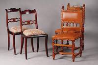 4 Spätbiedermeierstühle, deutsch, um 1870, Nußbaum bzw. Mahagonifurnier, z.T. auf Mahagoni gebeizt, Beine geschweift, Lehne doppelt geschweift, ...