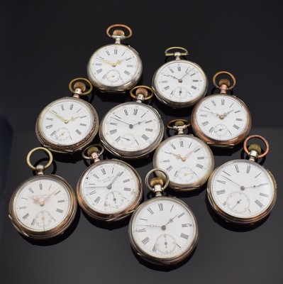 Konvolut: 10 Taschenuhren, Schweiz um 1870- 1890, alle Silbergeh. u. Emailblätter (meist besch.), Zylinder- & Ankerwerke, darunter 1x Longines, ...