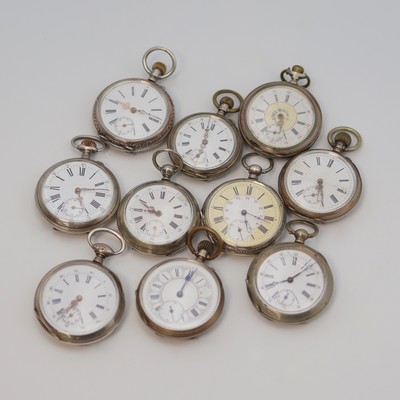 Konvolut: 10 Taschenuhren, Schweiz um 1870- 1890, meist Silbergeh., alle Emailblätter (z. T. besch.), 1 Glas zu ers., alle Zylinderhemm., teils ...