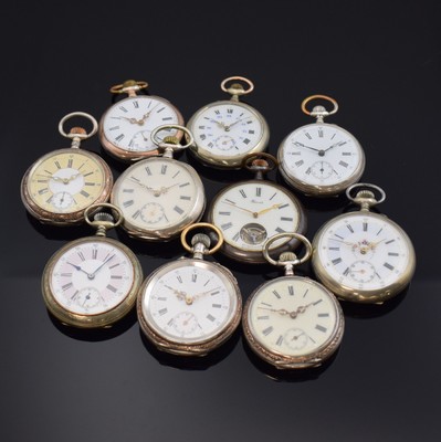 Konvolut: 10 Taschenuhren, Schweiz um 1890- 1900, Silber- und Metallgehäuse, Emailblätter (riss.), Anker- und Zylinderwerke, verschiedene Designs, ...