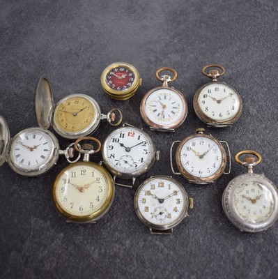 Konvolut: 10 Taschen- & Armbanduhren, Schweiz/Deutschland um 1890 - 1970, Silber & Metallgehäuse, Damenausführung, Metall- & Emailzifferblätter ...