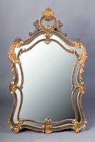 Spiegel, Italien, um 1910, Korpus Weichholz, Barockstil, z. T.braun schwarz gefasst, Holz an manchen Teilen besch., 6-fach geschweift, z.T. in ...