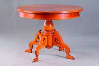 Tisch, deutsch, um 1860, WH, Platte Kirschbaumfurnier, strahlenförmig verlegt, Mittelpunkt Ahornintarsien m. eingefärbtem Lindenholz, Zarge helles ...