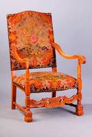 Stuhlsessel, deutsch, 50/60er Jahre, Nußbaum massiv, Frühbarockstil, geschweift, Armlehnen m. Akanthusblattverz., Klauenfüße, Beine verschränkt, ...