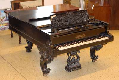 Konzertflügel, Grotrian, Helfferich, Schulz Th. Steinweg Nachf. Nr. 4878, um 1890, Metallrahmen, alte Bespannung, Filzbelag z.T. erneuert, Rahmen ...