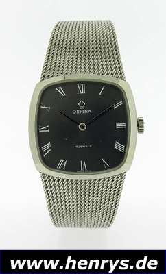 ORFINA Herrenarmbanduhr, zeitlos, Schweiz um 1970, Edelstahl inkl. Flechtband, Carree -Cambree-Form, Boden aufgedr., orig. Etui, Werk verg., 17 St., ...