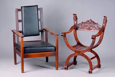 Designerstuhl, wohl England, um 1905/10, Eiche massiv, Rücken verstellbar, Federmechanismus intakt, Polsterung erneuert, Rückenteil in Form eines ...