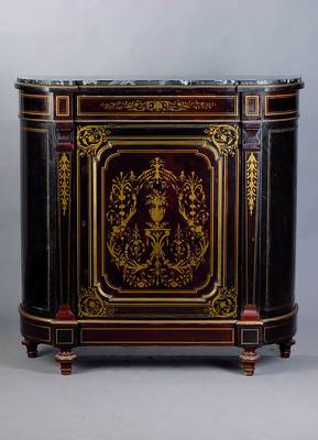 Eintüriger Schrank, Frankreich, Napoleon III, um 1870, Eiche massiv/Furnier, Front Teakholz geschwärzt, Fadenintarsien in Form v.Rocaillen u. ...