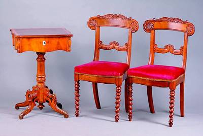Nähtisch, deutsch, um 1860/70, Korpus WH, Fuß Nußbaum mass., Zarge einfach geschweift, Mahagoni-/Rosenholzfurnier, Ecken m.aufges. ...