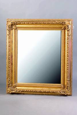 Spiegel, deutsch, um 1890/1900, Barockstil, Spiegelglas sek., Akanthusblattverz., Freundschaftsbänder m.Blütenverz., teilvergoldet, teilw.besch., ...