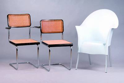 2 Designerstühle, Entwurf Starck, Atlandide Collection, um 1994, Vertreiber: driade store, Gestell z.T.Aluminium, Schale Kunststoff aus einem Teil ...