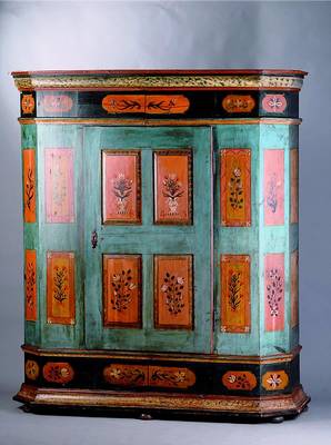 Bauernschrank, wohl badisch, dat.1843, Weichholz bemalt, sog.Spaltschrank, Türen 4-fach kassettiert, mit Blumen bemalter Felderdekor, 198x174x62cm, ...