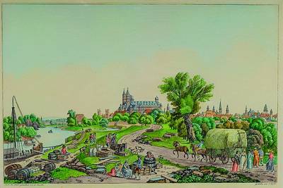 Konvolut Holzstich bzw. Lithografie, 1x Ansicht von Speyer, nach L. Janscha, mit reicher Personenstaffage, geschäftliches Treiben vor den ...