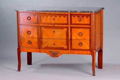 Kommode, Frankreich, um 1880, Korpus HH, Mahagoni/Rosenholzfurnier, Marmorplatte, 3-schübig, allseitig geschweift, Furnier m. geometrisierenden ...