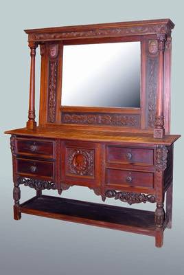 Aufsatzspiegelbuffet, Flandern, um 1890, Eihe/Nußbaum, Unterteil 4-schübig, 2-türig, großes Ablegefach, reich geschnitzt in Form ...