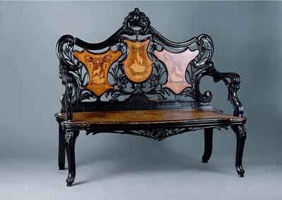 Sitzbank, deutsch, um 1890, Nußbaum z.T geschwärzt, reiche Nußbaum-u.Ahornintarsien v.Jagdszenen, reich geschnitzt, st.Gebr.-Sp., Furniersch., alt ...