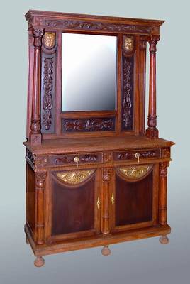 Aufsatzspiegelbuffet, Flandern, um 1890, Eiche/Nußbaum, Unterteil 2-schübig, Ablegefach, reich geschnitzt in Form v. Akanthusblättern, Rocaillen ...