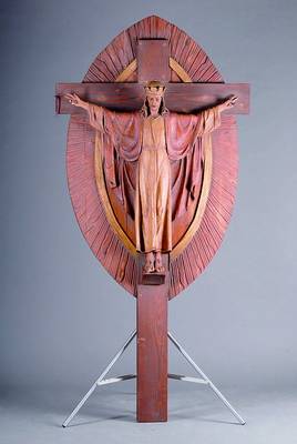 Kreuz, süddeutsch, um 1900, reiner Jugendstil, Lindenholz, teilweise bunt gefasst, Anspielung auf die Romantik, H.ca.210cm, Fingerkupppen lose ...