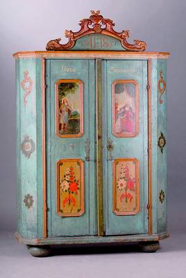 Bauernschrank, Bayern, dat. 1821, WH, orig. Fassung, florale und figürliche Darstellung, orig.Füße, Schriftzug: "Anna Baumgärtner", ...