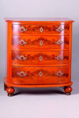 Kommode, deutsch, Wiener Barock, um 1870, Mahagoni, 4-schübig, Schubalden m. lebendigem Furnier, Frontbeine gedrechselt, st. Gebr.-Sp., l. ...