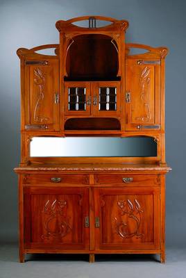 Aufsatzbuffet, Jugendstil, Elsass/Lothringen, um 1902-06, Unterteil: 2-türig, 2-schübig, Mittelteil verspiegelt, Oberteil: 4-türig, davon 2 m. ...