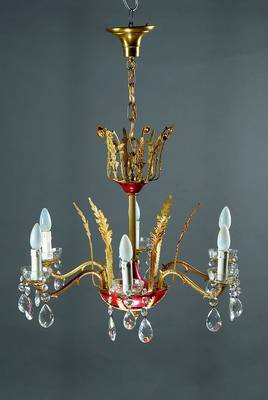 Deckenlampe, Spanien, um 1925, mehrfach geschweifte Messingmontierung sowie mit plastischer Blätterverzierung, vier Brennstellen, erneuerte Elektrik ...
