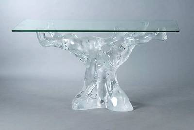 Plexiglastisch, De Stefano, Auflage 47/300, Fuß Plexiglas, sog. Knorpelstil, dicke Glasplatte, am Fuß signiert u. nummeriert, Gebr.-Sp.,ca. ...