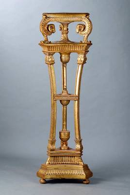 Säule, nach venizianischem Vorbild v. 1770, WH, goldfarben gefasst, reich geschnitzt in Form v. Blättern und Widderköpfen, Zahnfriesverz., 5 ...