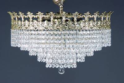 Weissbronzelüster, Anfang 30er Jahre, florales Blatt-und Rankenwerk, Durchbrucharbeit, vier Brennstellen, großes schweres Glaspendel aus Murano, ...