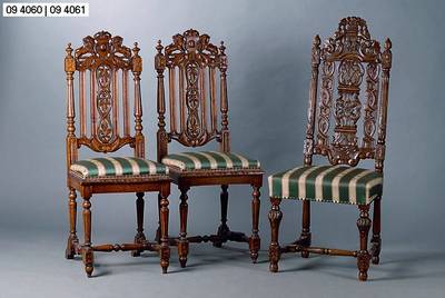 Prachtstuhl, Frankreich, um 1890, Eiche massiv, gedrechselt und geschnitzt, reiche Schnitzereien auf der Rückenlehne, H. 121 cm Sh. 47 cm, ...