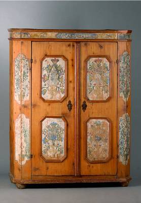 Bauernschrank, um 1820/30, Weichholz, z.T. abgelaugt, Reste der Orig. Fassung, dat. 1742, alt belassen, Füsse sek., Beschläge, 171 x 133 x 55 cm