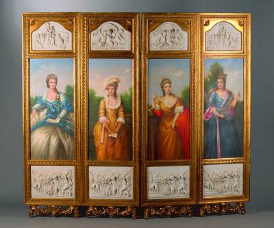 Vierteiliger Paravent, nach franz. Vorbild, von 1770/80, Rahmen Holz geschnitzt, Kunstoffeinlagen in Form v. Putti und Szenen der Fortuna, versch. ...