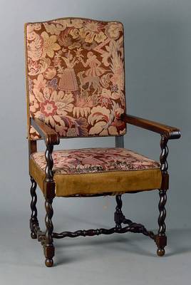 Armlehnstuhl, deutsch, um 1880/90, Nußbaum, Beine reichgedrechselt, Bezug alt belassen, leicht besch., Gebr.-Sp., ca. 80x69x67 cm, Sh. 48 cm