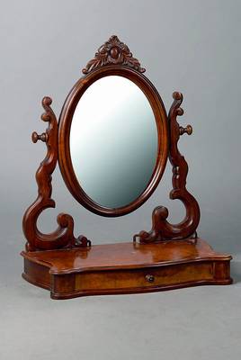 Spiegelkonsole, deutsch, um 1840/50, zum aufhängen, Nußbaum/Wurzelnußfurnier, 1 Schublade, allseitig geschweift, Volutenverz.,ovaler Kippspiegel, ...