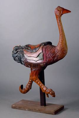 Karusselstrauss, ca. 30 Jahre alt, ca. 130x90x28 cm, Holz bunt gefaßt, schwundrissig