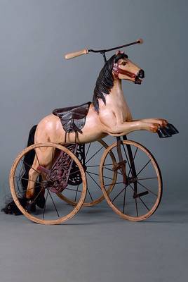 Velociped/Dreiradpferd, nach franz. Vorbild, Holz, bunt gefasst, Speichenräder, Pedale, L. 80 cm, B.50 cm, H. 88 cm