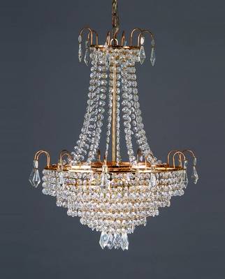 Deckenlampe, Mitte 20.Jh., reicher Kristallbehang, sechsfach anbehängt, 7 Brennstellen, ca. 70 cm, D. ca. 50 cm