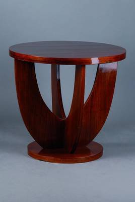 Runder Tisch, Art-Deco, um 1930, Teakholz, Beine verstrebt, sehr schönes Furnierbild, Gebr.-Sp., H. 69 cm, D. 75 cm