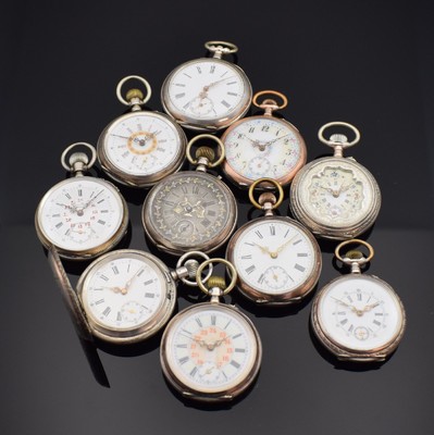 Konvolut: 10 Taschenuhren, schweiz. Prod., um 1870-1900, alle Silbergeh., 1x System Glashütte (Krone & Welle fehl.,) m. Nr. 12260, 3/4 Platine, ...