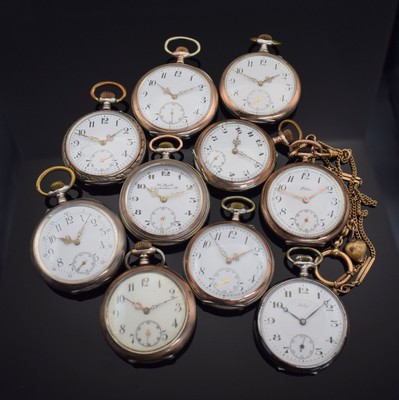 Konvolut: 10 Taschenuhren, schweiz. Prod., um 1870-1900, meist Silbergeh., 1x System Glashütte, m. 3/4 Platine, Ankerhemmung & Zylinderhemm., alle ...