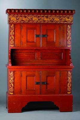 Aufsatzschrank, Jugendstil, um 1910, WH, unter starker Beeinflussung Tiroler Möbel, rotfarben gefasst, Oberteil 2-türig, Unterteil2-türig, ...