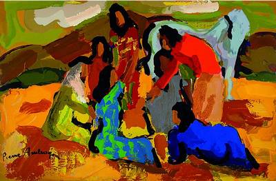 Ambrogiani, Pierre, 1907-1985, Les Gitans, Farbholzstich auf Bütten, aus Les Heures Claires, um 1960, Druck Raymond Jacquet Paris ca. 35x50cm
