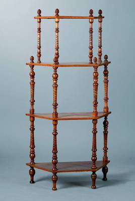 Etagére, deutsch, um 1880/90, Nußbaum, Ahornintarsien in Form v. Blüten u. Blättern, 4 Böden, Zwischensteege in reicher Drechselarbeit, st. ...